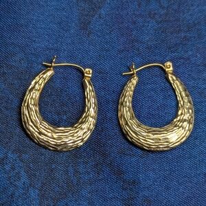 14K Yellow Gold Oval Textured Hoop Earrings